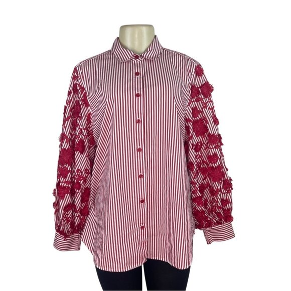 Chicos Red & White Striped Button-Up Shirt W/ Floral Lace Sleeves Size 12 - Picture 1 of 8